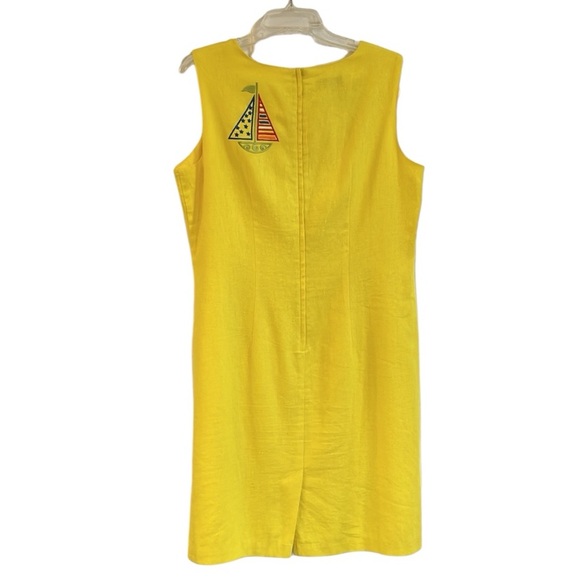 VINTAGE BETSYS THINGS EMBROIDERED SAILBOAT LINEN SHIFT DRESS YELLOW PLUS SIZE 14 - Picture 6 of 12